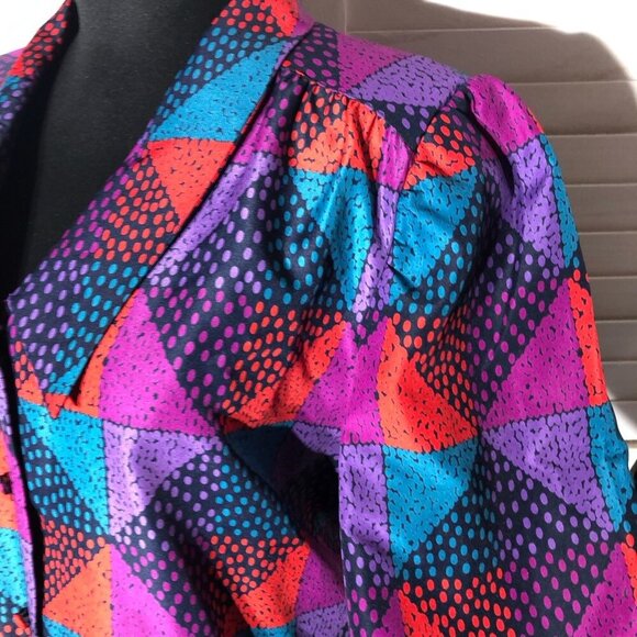 Vintage 80s 90s Blouse Geometric Print Multicolor Size Medium - Picture 6 of 11